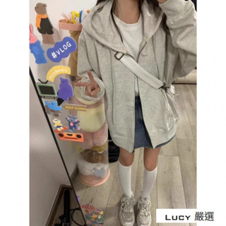Lucy💕韓版素色衛衣 連帽帽T上衣 連帽開衫 長袖衛衣 顯瘦大學T 秋冬刷毛 開衫女生衣著 韓版上衣