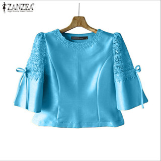 ZANZEA 女式韓版休閒圓領 3/4 袖透明蕾絲拼接帶側拉鍊純色襯衫 Presale