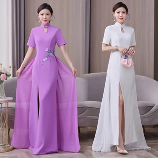 女士傳統越南旗袍民族風花卉刺繡晚禮服短袖奧黛服裝