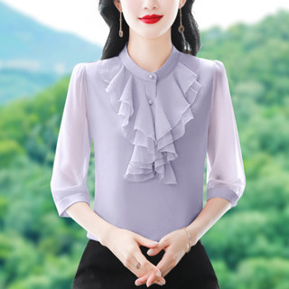 實拍夏季新品輕奢宮廷風雪紡真絲立領女士上衣純色緞麵七分袖上衣