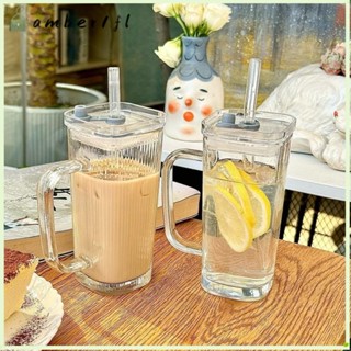 AMBERKS透明玻璃杯,有蓋子和吸管耐熱咖啡杯,INS方塊果汁杯家庭酒吧