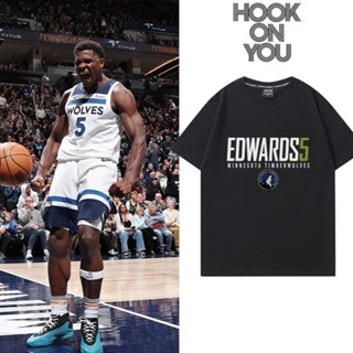 ✨滿599免運🧸nba森林狼球隊愛德華茲5號球衣短袖純棉T恤男女同款美式休閒籃球服寬鬆透氣休閒百搭👦童衣學趣閣👧