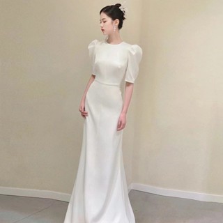 宮廷風輕婚紗氣質赫本風簡約緞面出門紗魚尾迎賓禮服裙小個子