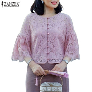 ZANZEA 女式韓版休閒圓領拼接蕾絲正面鈕扣背面純色喇叭形 3/4 袖襯衫 Presale