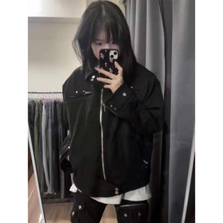 美式棒球外套 棒球外套女 棒球外套韓國 美式復古高街柳釘拉鍊麂皮絨飛行員夾克女工裝棒球服短外套潮春秋
