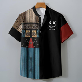 新款夏季民族風襯衫男士立領短袖上衣3D傳統印花復古衣服休閒寬鬆透氣速乾大碼男士亨利襯衫