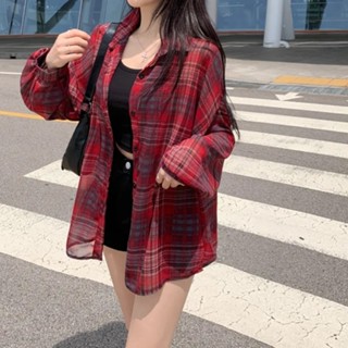 【HOT 本舖】 韓國chic夏季薄款寬鬆防曬襯衫外套復古紅格子長袖上衣