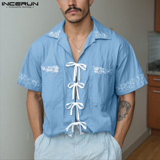 INCERUN 男士復古花卉印花短袖繫帶襯衫 Presale