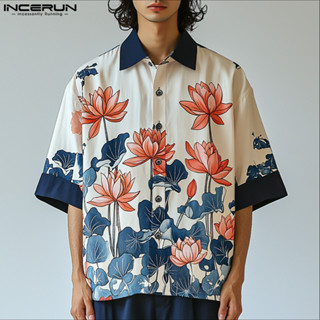 INCERUN 男士復古蓮花印花拼布撞色半袖襯衫 Presale