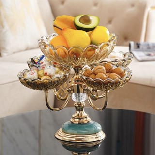 ✨新品 免運✨新款旋轉 水晶玻璃果盤 歐式美式家用 客廳 茶几 零食水果雙層收納盤