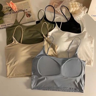 胖胖美依 上衣 吊帶 背心 無袖上衣 胸罩 內搭 新款冰絲吊帶背心女一體式防走光裹胸抹胸無鋼圈胸罩-7197.