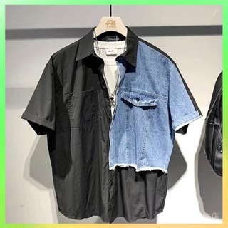 ❗️臺灣出貨 2024牛仔拚接寬鬆夏季小眾襯衫新款設計襯衣痞帥短袖男士百搭上衣 限時特賣❗️B57-3-A
