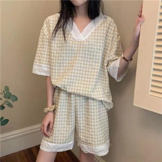 （2025年夏季全新款）網紅睡衣女夏季套裝新款韓版ins風可愛甜美薄款v領短袖寬鬆家居服