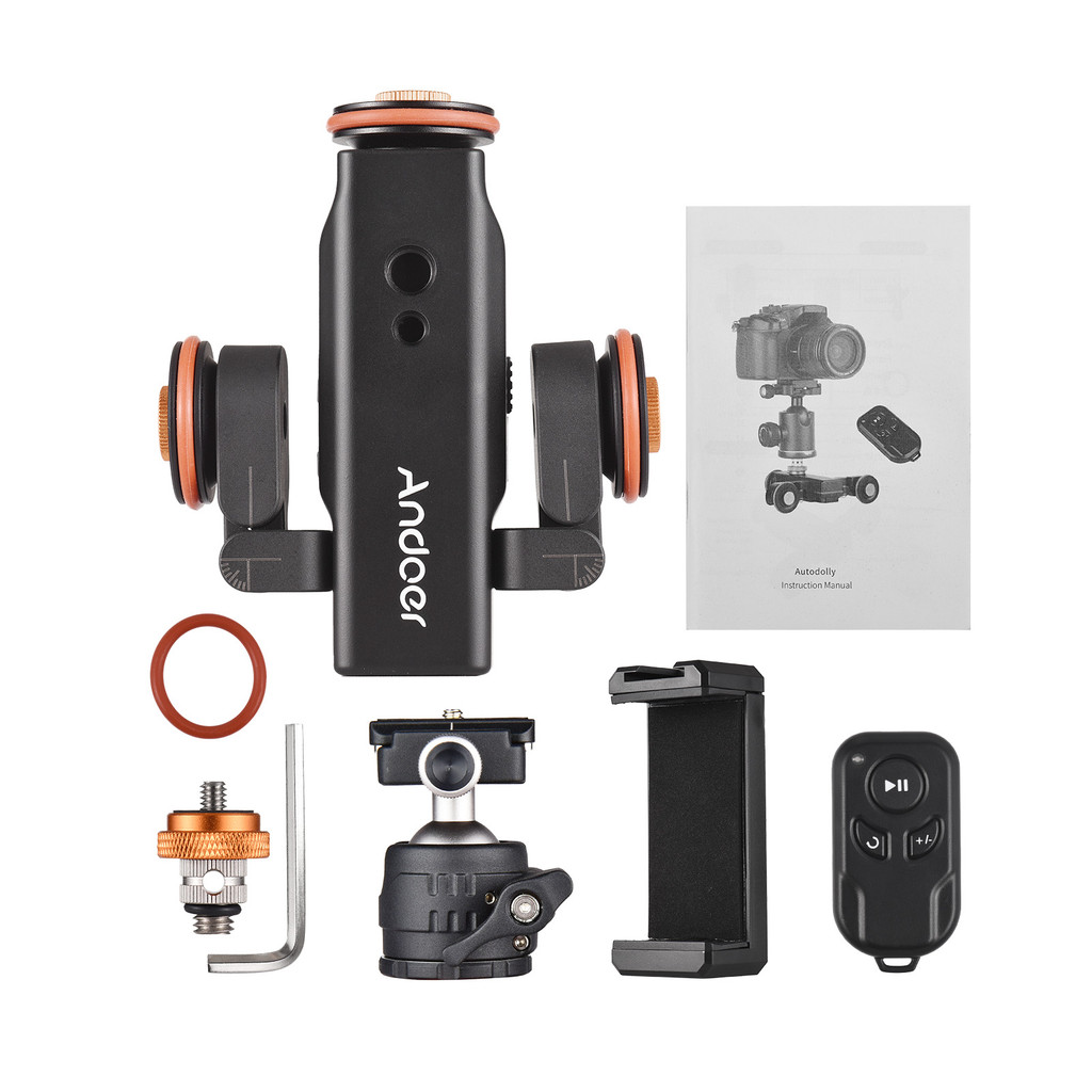 Andoer 電動攝影小車2代 塑膠材質 3檔速度可調（內置鋰電池）配2.4G 手機夾 雲臺 黑色