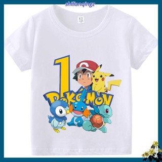 寵物小精靈數字T卹 皮卡丘兒童短袖 男孩生日衣服 女孩棉質上衣 夏季透氣 傑尼龜卡通印花童裝