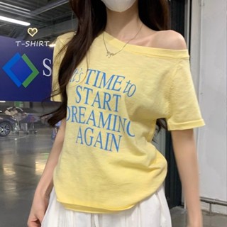 【HOT 本舖】童裝 雪花天絲韓系字母印花斜領露肩短袖T恤夏季新款寬鬆設計感上衣女