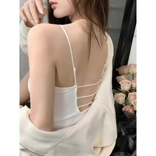 【HOT 本舖】 法式蕾絲花邊吊帶背心帶胸墊夏季辣妹美背顯瘦後背鏤空外穿上衣
