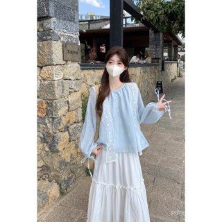 PIPILULU.KIDS韓係小清新係帶長袖圓領防曬襯衫2025夏季新款寬鬆休閒百搭上衣女百搭舒適新款韓版歐美 2025