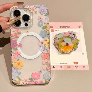 磁性旋轉支架花朵亞克力手機殼適用於 iPhone 16ProMax 16Plus 15 14 13 12 11 防震保護