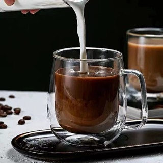 現貨 淺茗軒雙層玻璃杯男女咖啡杯辦公室加厚耐熱水杯帶把茶杯馬克杯
