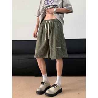 【HOT 本舖】男裝 日系復古紋理設計休閒短褲男夏季寬鬆百搭字母刺繡運動闊腿五分褲
