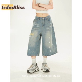 EchoBliss 男士牛仔短褲 美式復古高街塗鴉印花破洞寬鬆短褲