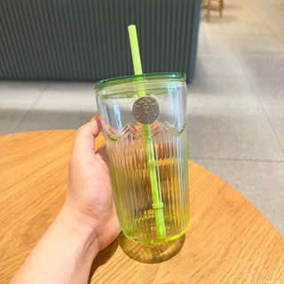 星巴克杯子風簡約473ml綠色立體稜紋玻璃吸管杯隨行杯咖啡杯/mnbv