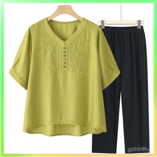 【🔥臺灣熱賣】 天絲麻套裝女刺繡短袖T恤2025夏季新款中年媽媽裝兩件套褲子上衣 限時特賣B42-1-C