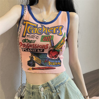 限時特惠🌸夏季美式辣妹外穿修身新款印花吊帶背心字母顯瘦小眾短款無袖上衣BXNV