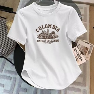 胖胖美依 短版上衣 短袖T卹 印花上衣 S-2XL新款正肩t卹短修身弧形下擺不規則短款上-6818.
