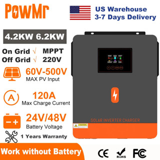 PowMr 6.2KW 4.2KW混閤太陽能逆變器並網純正弦波逆變器24v 48v 230v雙輸出，帶MPPT 120A