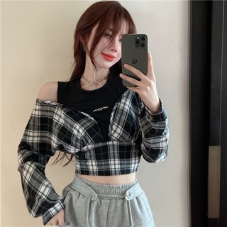 2024暢銷秋季拼接圓領假兩件長袖格子襯衫女短版緊身辣妹秋季上衣25.06.03