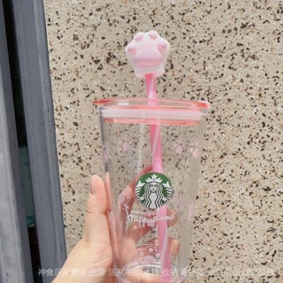 [正品現貨]星巴克水杯 杯子 玻璃杯 Starbucks星巴K雙飲口隨享貓爪玻璃吸管杯450ml高顔值情人節禮物
