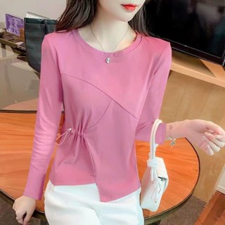 100%純棉設計部腰部抽褶顯瘦長袖t恤女秋季百搭韓版圓領上衣6.14V