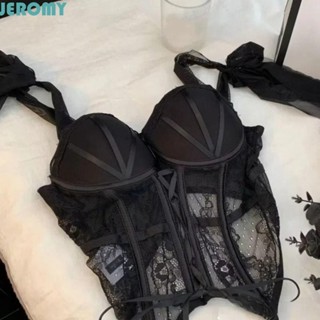 JEROMY女士內衣制服,熱情套裝睡裙蕾絲吊帶背心三角褲套裝,修身版型鏤空網眼坦克蝴蝶結蕾絲緊身胸衣