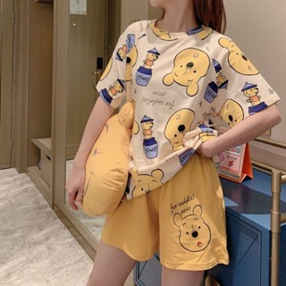 【熱銷】薄款睡衣女 星星維尼熊黃褲短袖短褲套裝 夏季可愛休閒寬鬆少女心