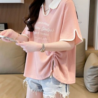 胖胖美依 上衣 短袖T卹 印花上衣 T恤衫中大尺碼 M-4XL新款華夫格抽褶polo領t卹短袖設計感上衣-7353.