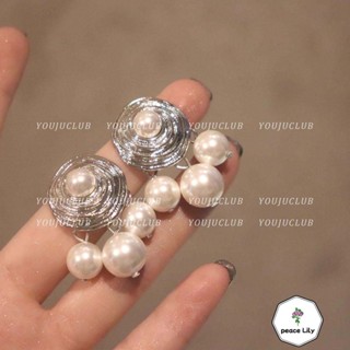 【peace lily】銀色山泉~復古 金屬 圓形 時尚 高階感 珍珠 名族風 耳環 重工 無耳洞 耳夾