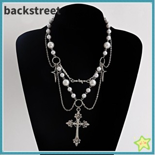 BACKSTREET交叉念珠項鍊,手工製作魅力疊層鏈條項鍊,Y2K風格朋克珍珠串珠頸鍊女士時尚首飾