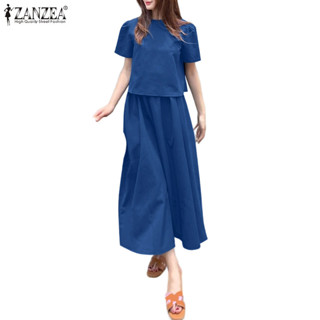 ZANZEA 女韓版時尚休閒圓領短袖上衣+彈力腰闊腿褲兩件套