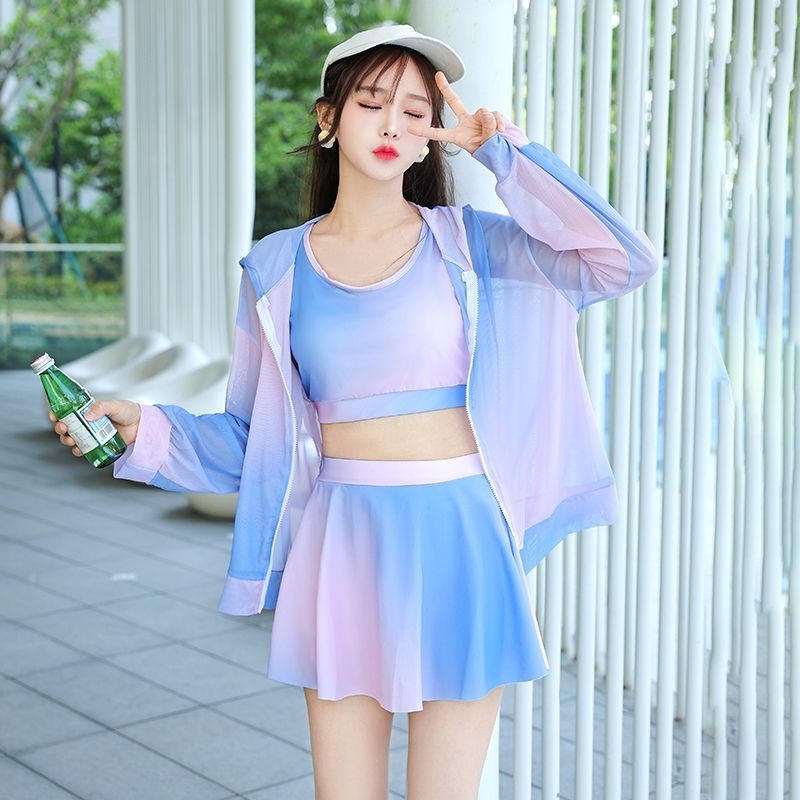 新款泳衣女罩衫保守長袖防晒海邊度假三件式分體裙式顯瘦遮肚溫泉泳衣5/27B