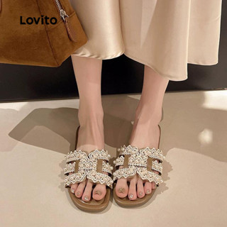 Lovito 優雅素色珍珠蕾絲珍珠和鑲片知性高階美感女士平底涼鞋 LFA80018
