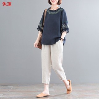 【1883人好評】胖MM兩件套減齡休閒運動套裝棉麻刺繡百搭上衣+七分鬆緊腰休閒褲 ✧
