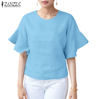 ZANZEA 女式韓版簡約休閒圓領蕾絲袖純色襯衫