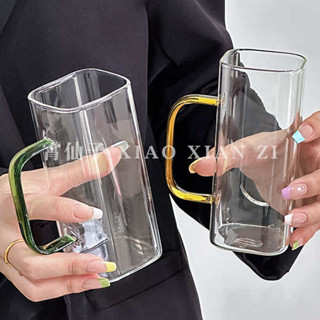咖啡隨行杯 啤酒杯 簡約高階感透明方杯玻璃杯高硼矽耐高溫ins風水杯帶把手家用杯子