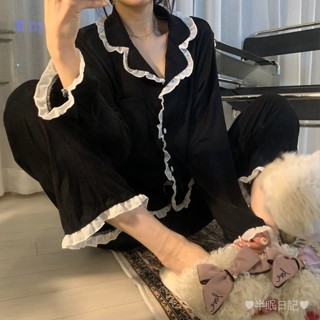 【保固 免運】關注領取九折 居家服 套裝 2025新款睡衣女韓版花邊春夏長袖寬鬆可愛長袖女士家居服套裝批髮