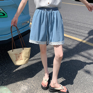 【HOT 本舖】 實拍闊腿牛仔褲女2025高腰蕾絲花邊休閒短褲寬鬆百搭直筒五分褲潮