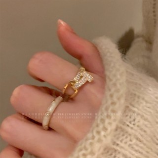臺灣出貨獨特設計感T形交叉鋯石戒指時尚設計ins小眾鋯石開口食指網紅指環