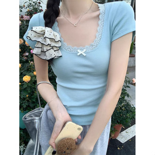 🔥熱銷🔥 ins性感純慾蝴蝶結蕾絲花邊小香風短袖T恤女夏季U領短款打底女T潮