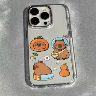 卡通特色橘子水豚手機殼透明防震13 16 11 15 Pro電鍍鏡頭框相容iPhone 16 15 14 13 12 1